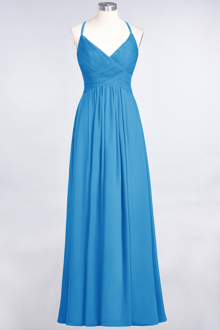 A-line V-Neck Ruched Chiffon Floor-Length Dress with Straps-koscy