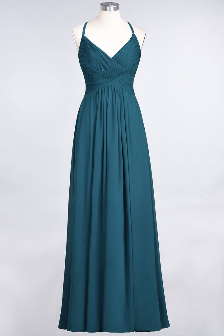 A-line V-Neck Ruched Chiffon Floor-Length Dress with Straps-koscy