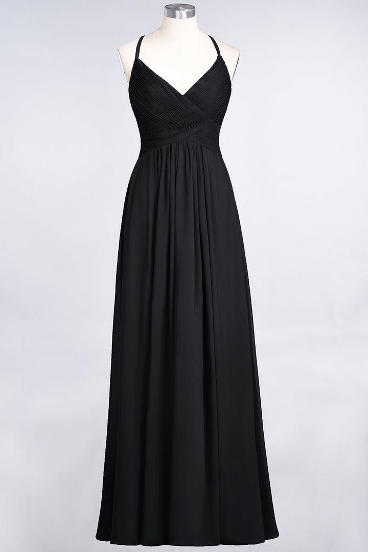 A-line V-Neck Ruched Chiffon Floor-Length Dress with Straps-koscy