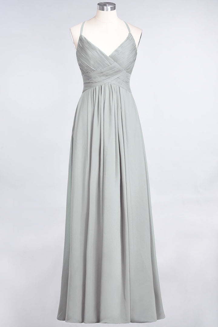 A-line V-Neck Ruched Chiffon Floor-Length Dress with Straps-koscy