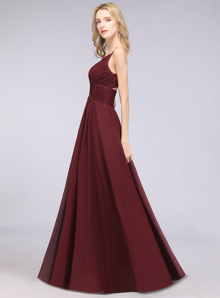 A-line V-Neck Ruched Chiffon Floor-Length Dress with Straps-koscy