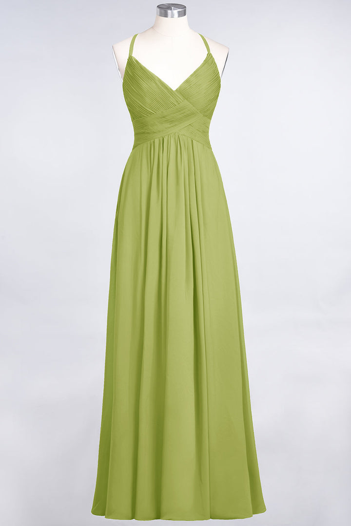 A-line V-Neck Ruched Chiffon Floor-Length Dress with Straps-koscy