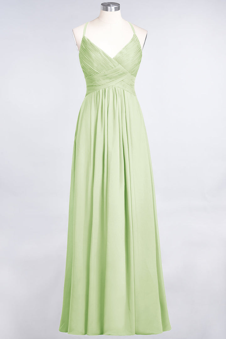 A-line V-Neck Ruched Chiffon Floor-Length Dress with Straps-koscy