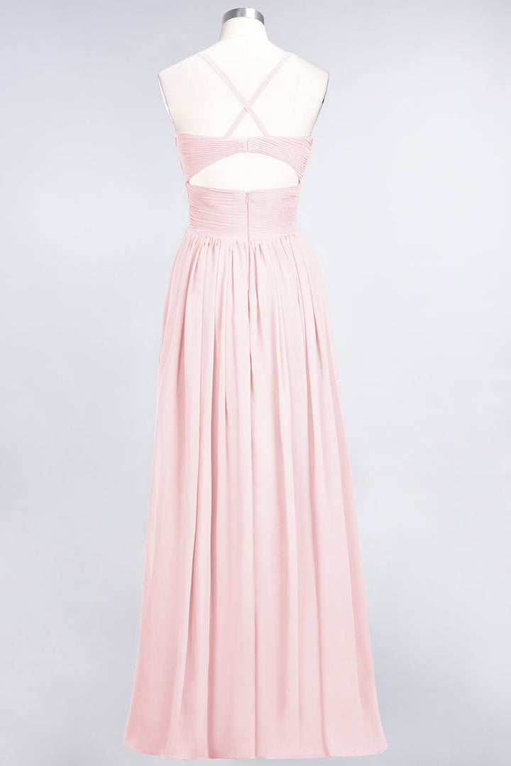 A-line V-Neck Ruched Chiffon Floor-Length Dress with Straps-koscy