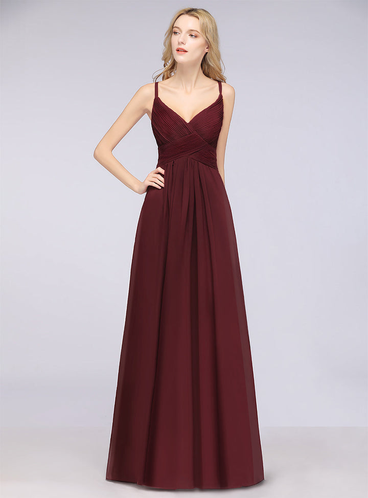 A-line V-Neck Ruched Chiffon Floor-Length Dress with Straps-koscy