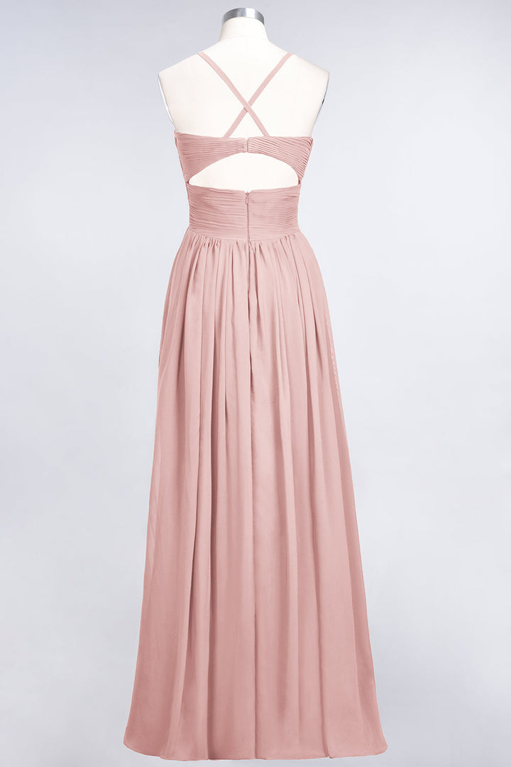 A-line V-Neck Ruched Chiffon Floor-Length Dress with Straps-koscy