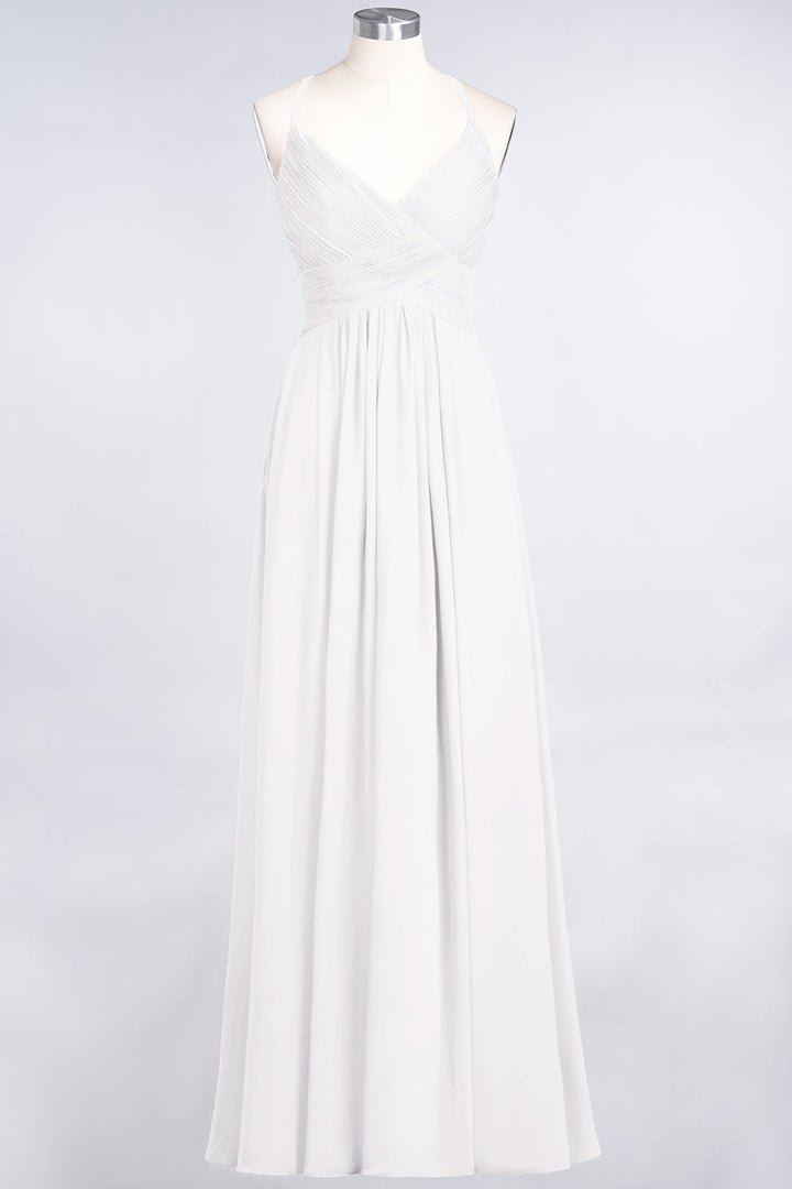 A-line V-Neck Ruched Chiffon Floor-Length Dress with Straps-koscy