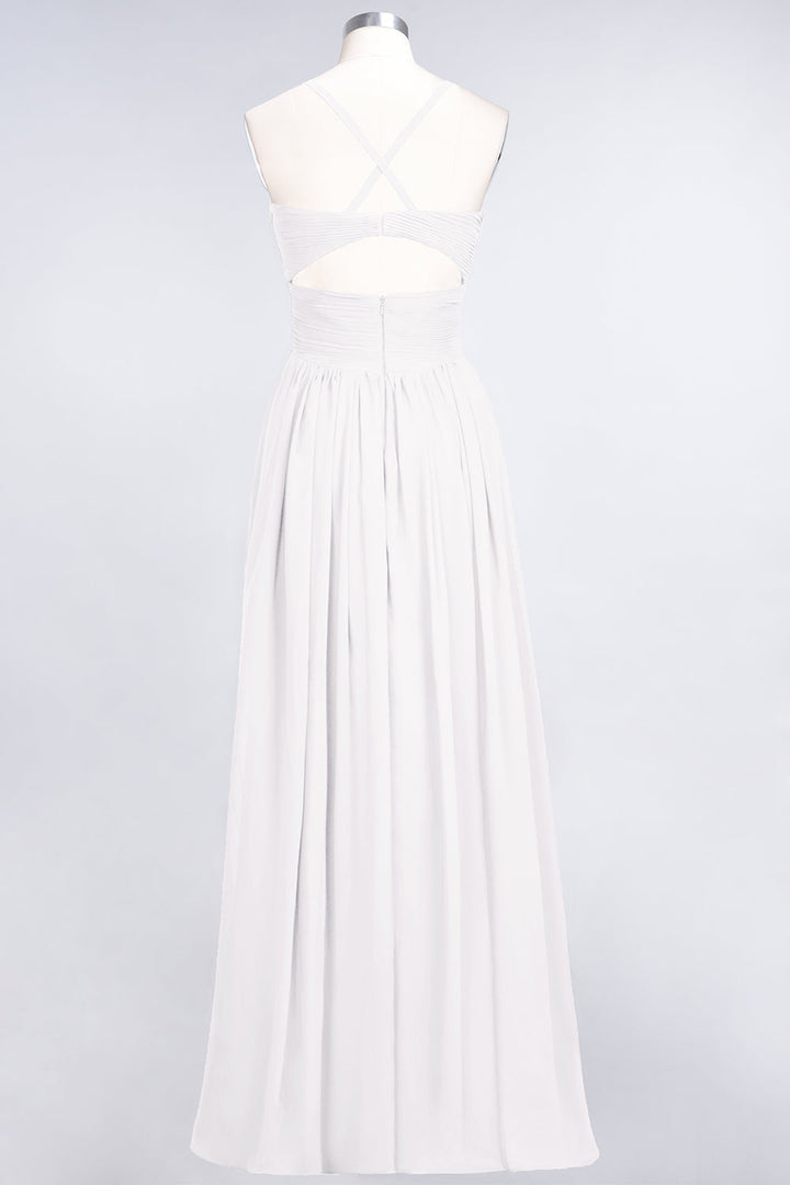 A-line V-Neck Ruched Chiffon Floor-Length Dress with Straps-koscy