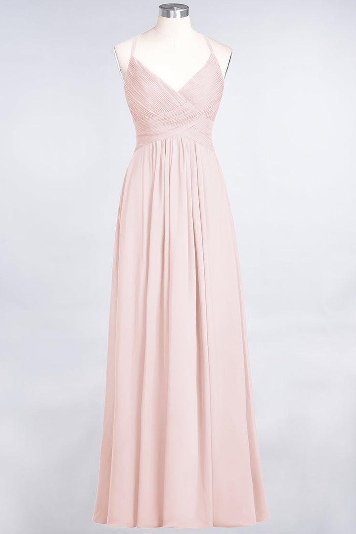 A-line V-Neck Ruched Chiffon Floor-Length Dress with Straps-koscy