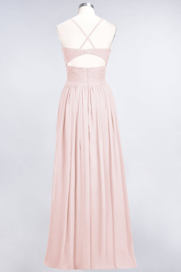 A-line V-Neck Ruched Chiffon Floor-Length Dress with Straps-koscy