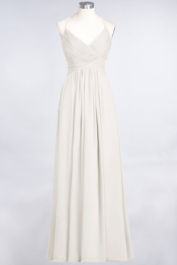 A-line V-Neck Ruched Chiffon Floor-Length Dress with Straps-koscy