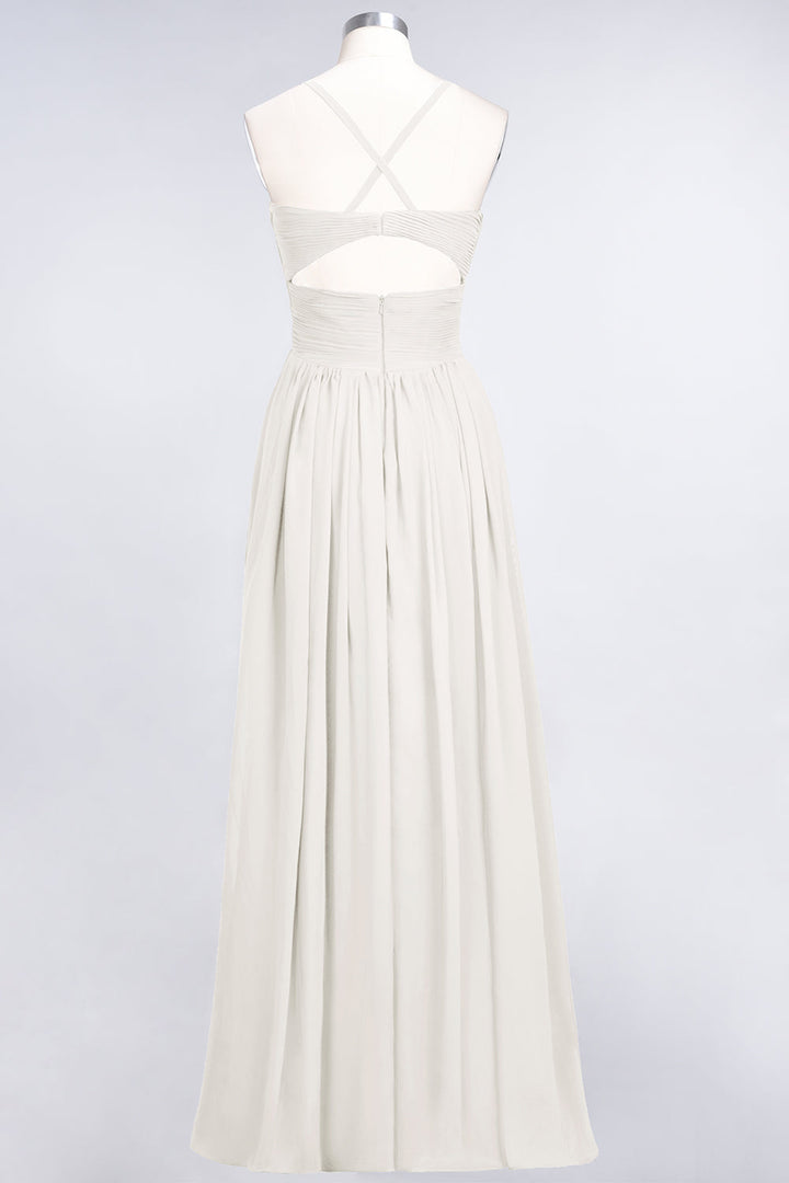 A-line V-Neck Ruched Chiffon Floor-Length Dress with Straps-koscy