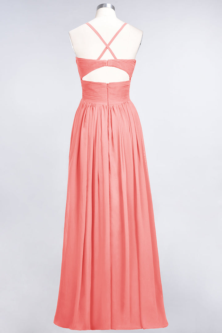 A-line V-Neck Ruched Chiffon Floor-Length Dress with Straps-koscy