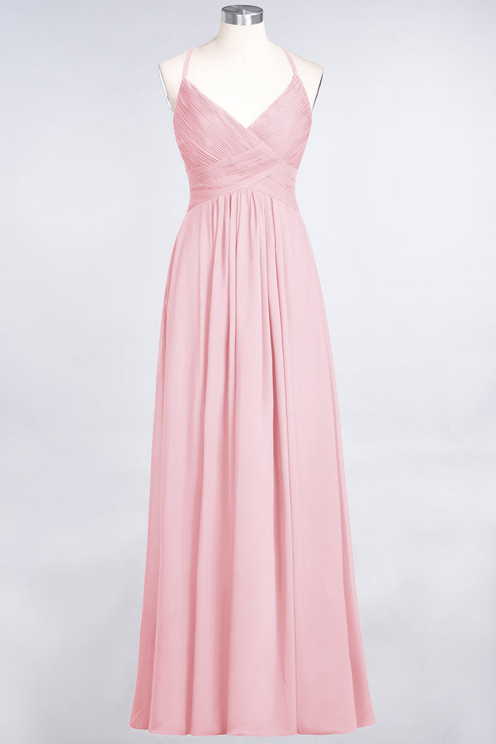 A-line V-Neck Ruched Chiffon Floor-Length Dress with Straps-koscy