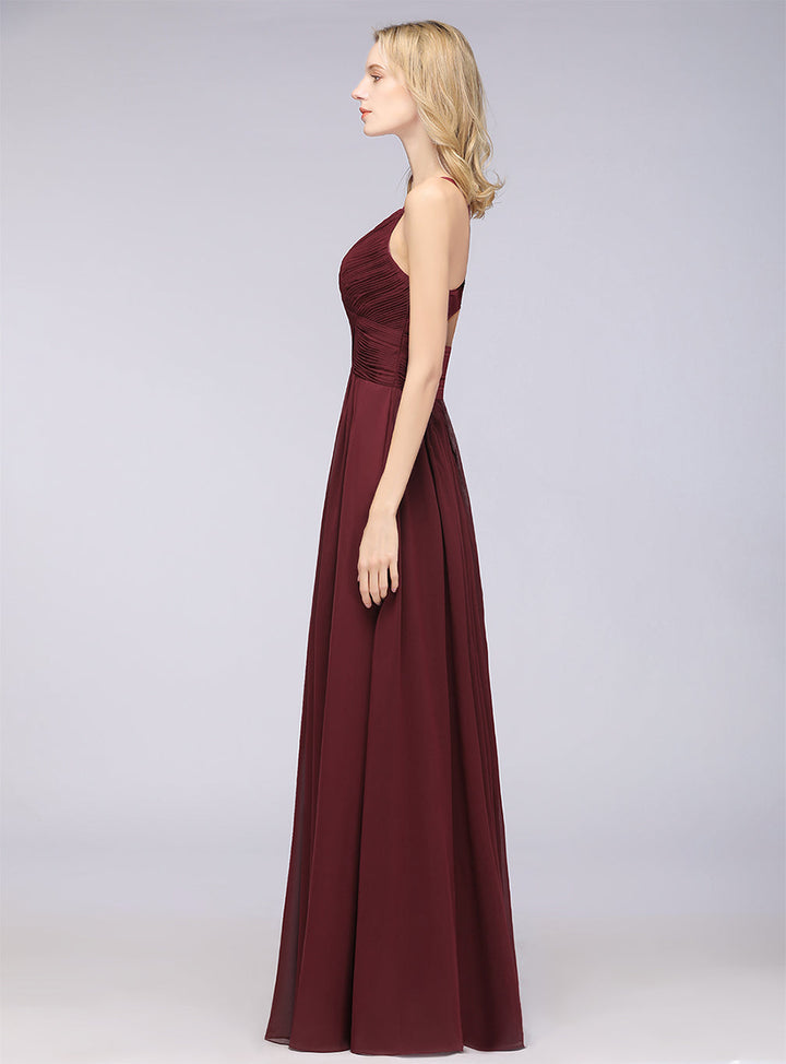 A-line V-Neck Ruched Chiffon Floor-Length Dress with Straps-koscy