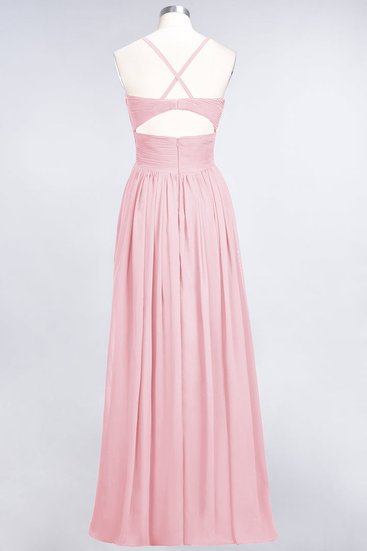 A-line V-Neck Ruched Chiffon Floor-Length Dress with Straps-koscy