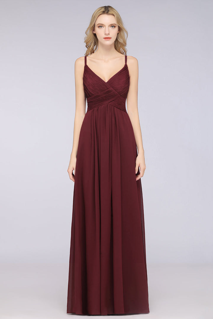 A-line V-Neck Ruched Chiffon Floor-Length Dress with Straps-koscy