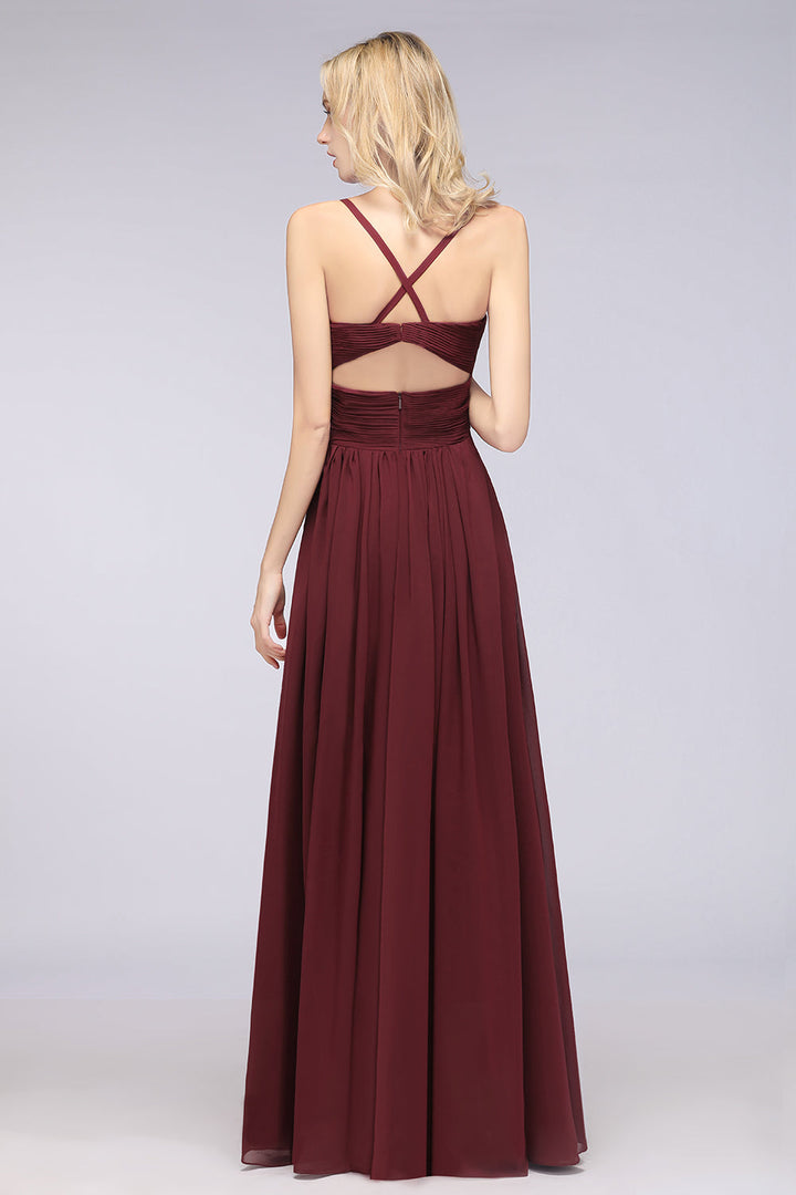 A-line V-Neck Ruched Chiffon Floor-Length Dress with Straps-koscy