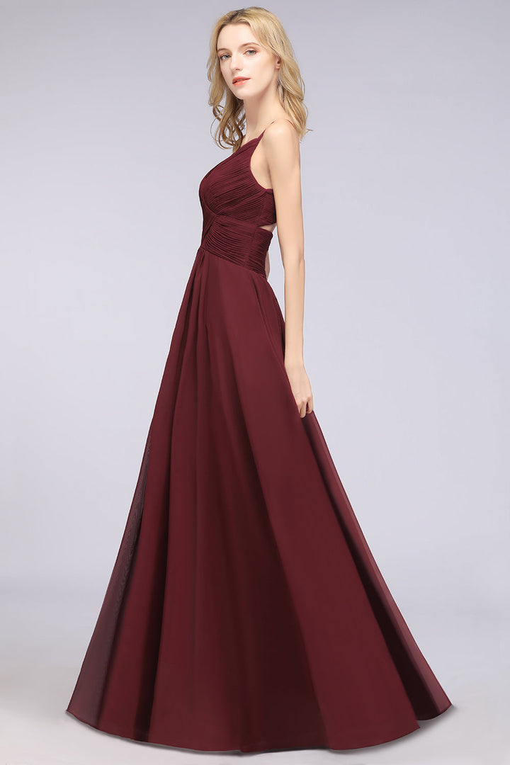 A-line V-Neck Ruched Chiffon Floor-Length Dress with Straps-koscy