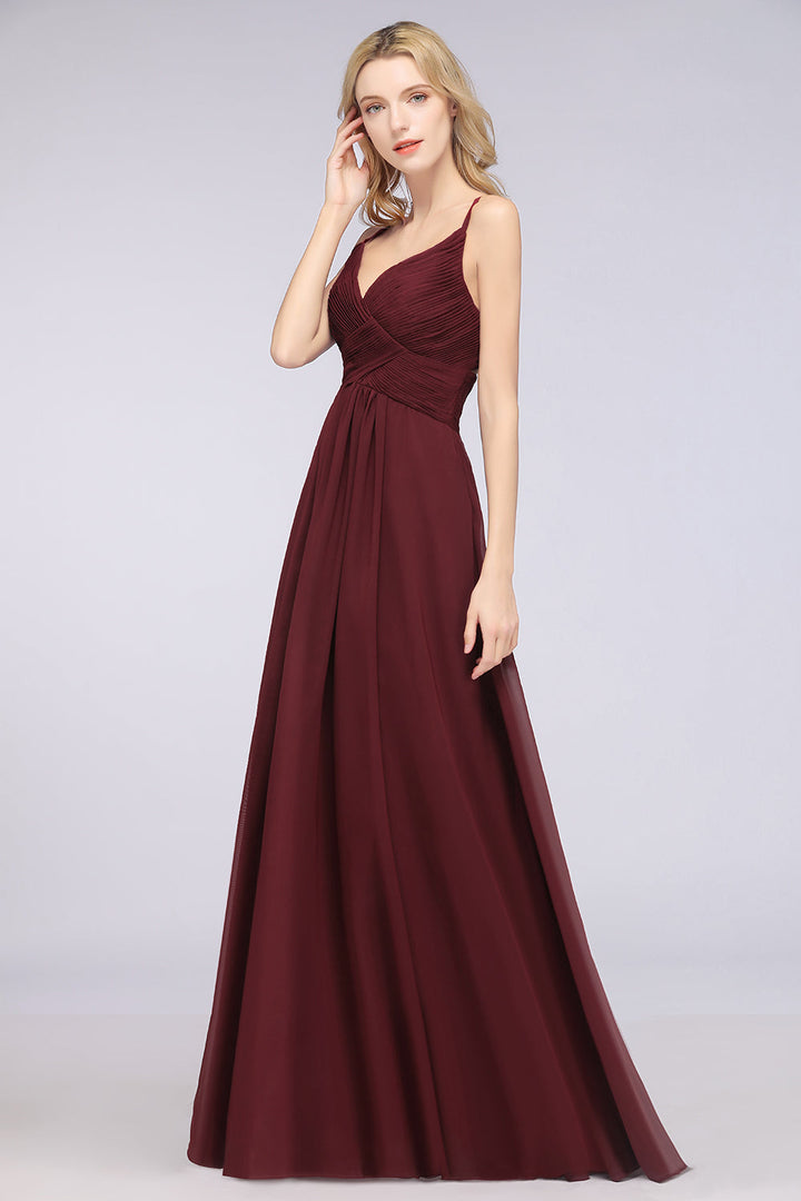 A-line V-Neck Ruched Chiffon Floor-Length Dress with Straps-koscy