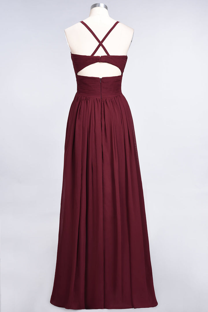 A-line V-Neck Ruched Chiffon Floor-Length Dress with Straps-koscy