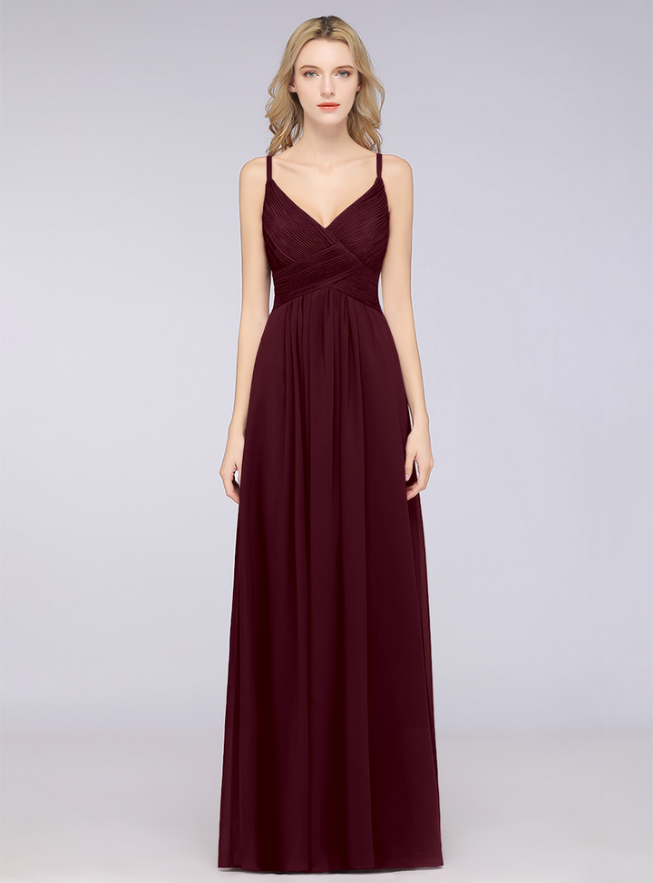 A-line V-Neck Ruched Chiffon Floor-Length Dress with Straps-koscy