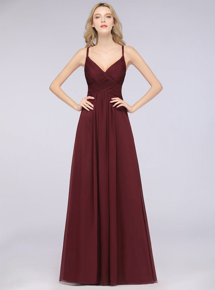 A-line V-Neck Ruched Chiffon Floor-Length Dress with Straps-koscy