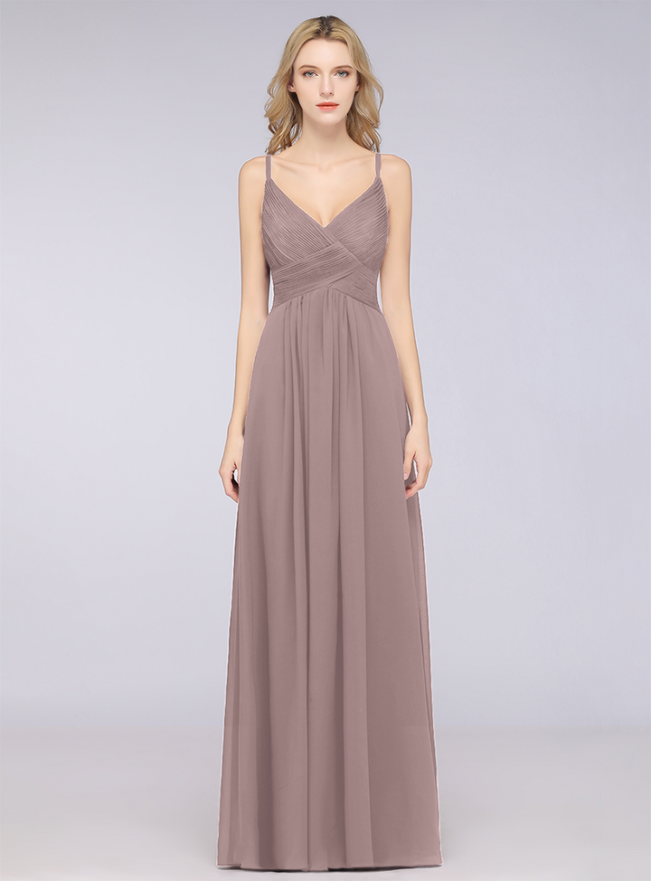 A-line V-Neck Ruched Chiffon Floor-Length Dress with Straps-koscy