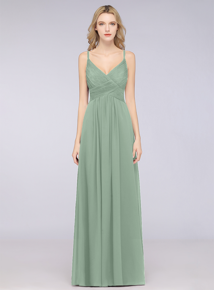 A-line V-Neck Ruched Chiffon Floor-Length Dress with Straps-koscy