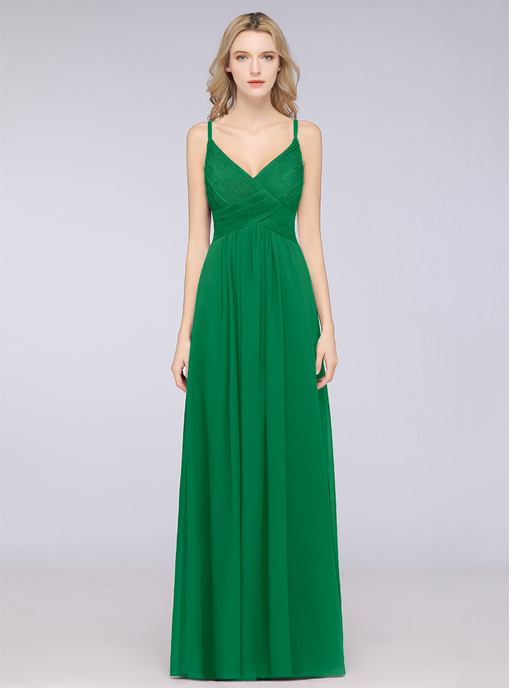 A-line V-Neck Ruched Chiffon Floor-Length Dress with Straps-koscy