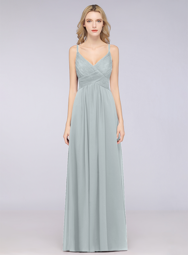 A-line V-Neck Ruched Chiffon Floor-Length Dress with Straps-koscy