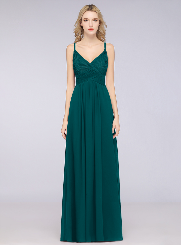 A-line V-Neck Ruched Chiffon Floor-Length Dress with Straps-koscy