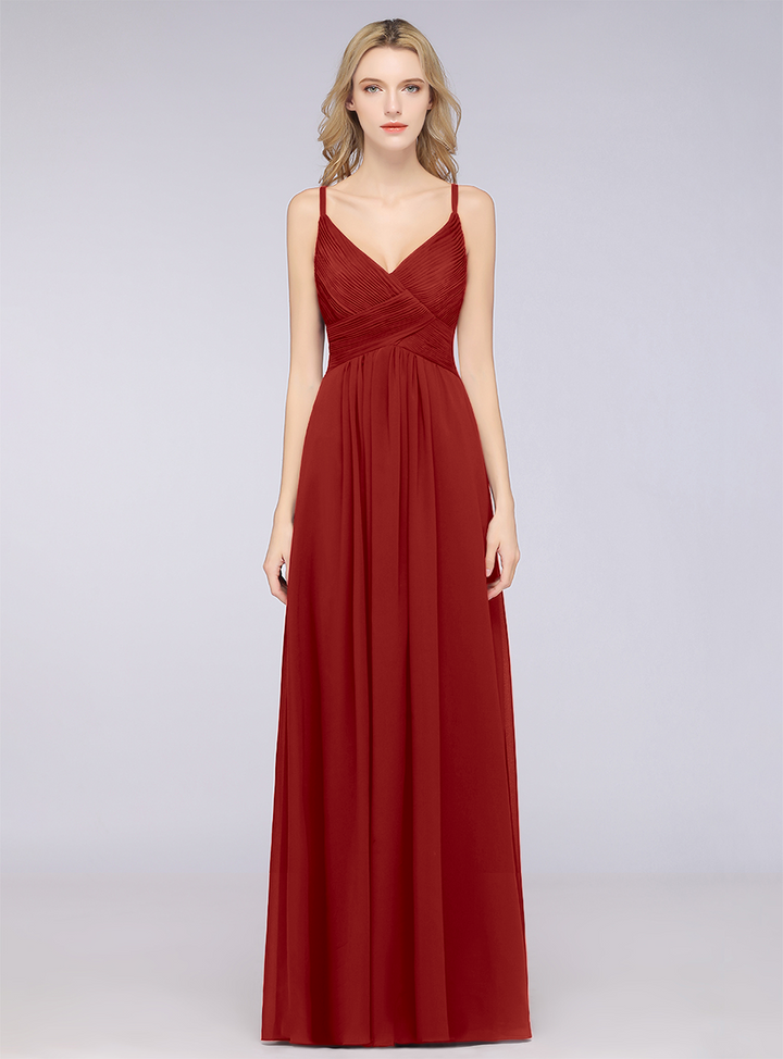 A-line V-Neck Ruched Chiffon Floor-Length Dress with Straps-koscy