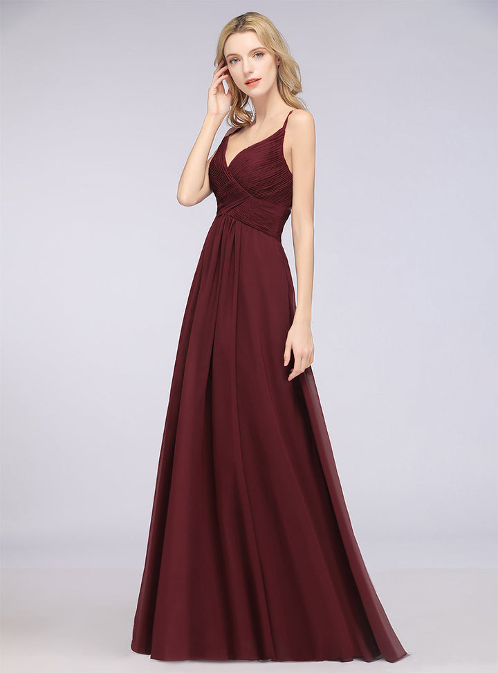 A-line V-Neck Ruched Chiffon Floor-Length Dress with Straps-koscy