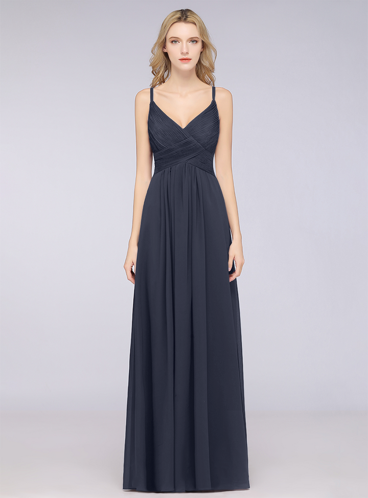 A-line V-Neck Ruched Chiffon Floor-Length Dress with Straps-koscy