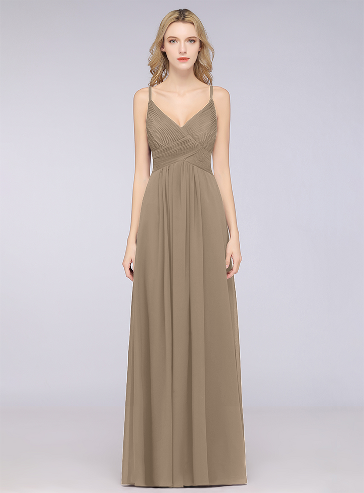 A-line V-Neck Ruched Chiffon Floor-Length Dress with Straps-koscy