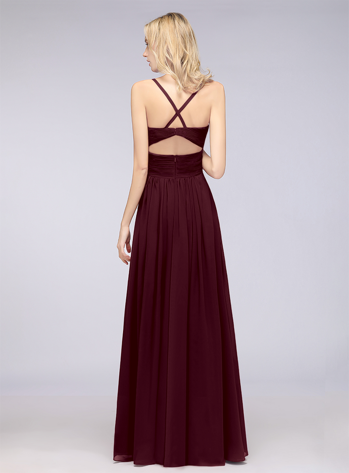 A-line V-Neck Ruched Chiffon Floor-Length Dress with Straps-koscy