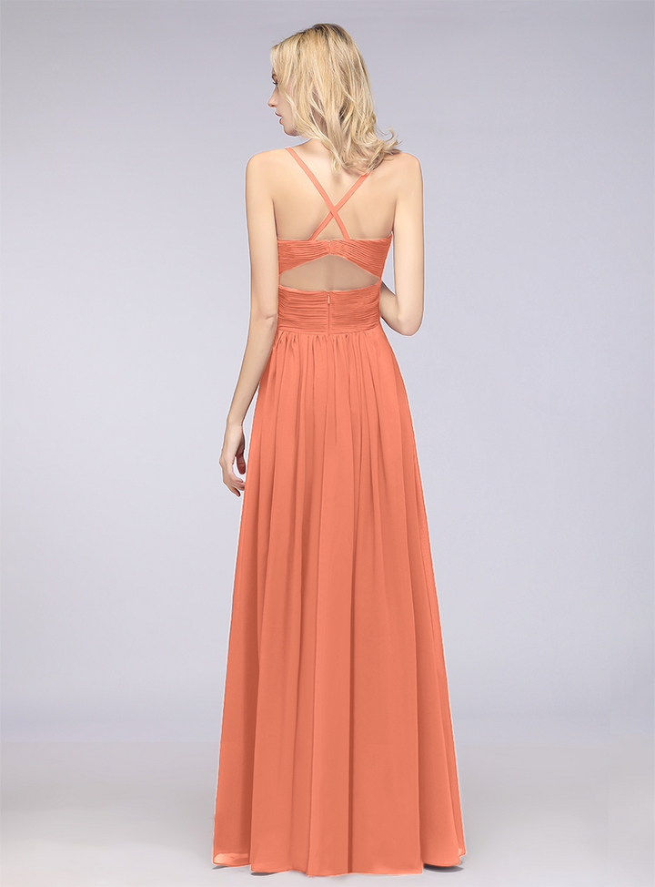 A-line V-Neck Ruched Chiffon Floor-Length Dress with Straps-koscy