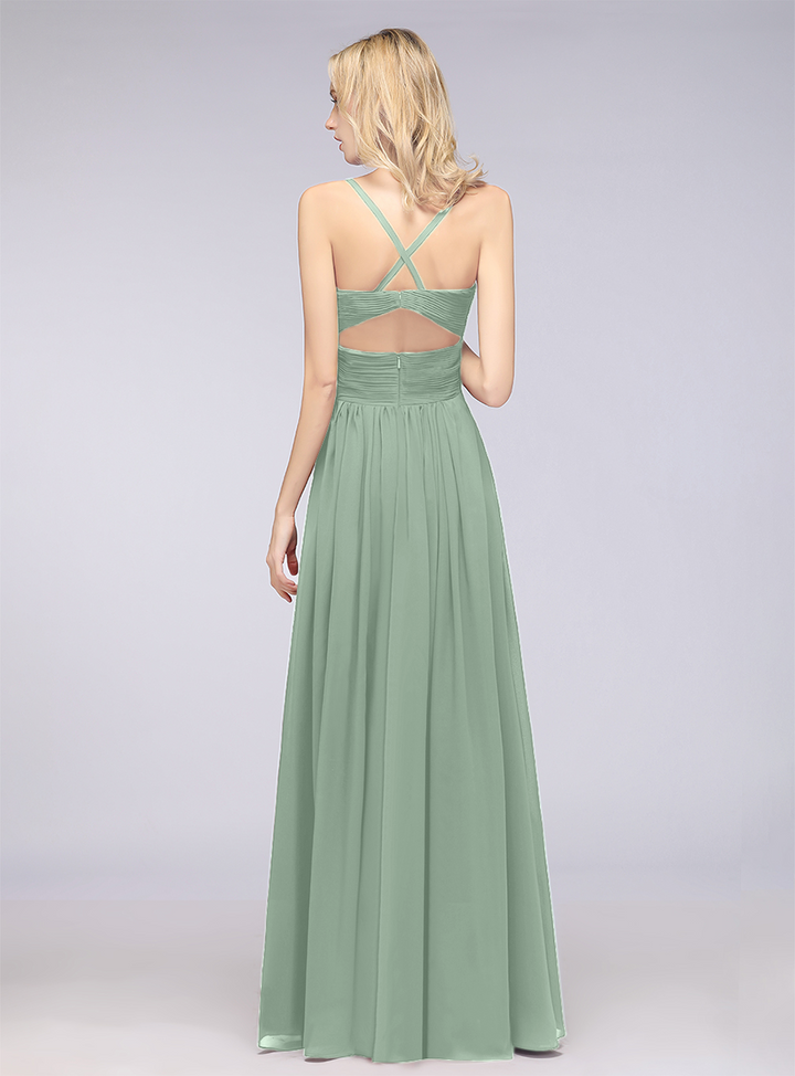 A-line V-Neck Ruched Chiffon Floor-Length Dress with Straps-koscy