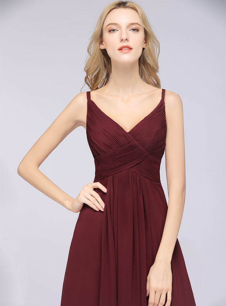 A-line V-Neck Ruched Chiffon Floor-Length Dress with Straps-koscy