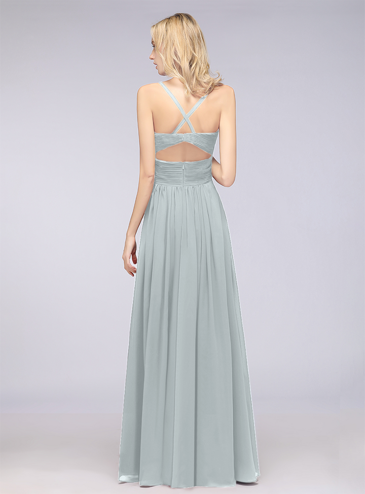 A-line V-Neck Ruched Chiffon Floor-Length Dress with Straps-koscy