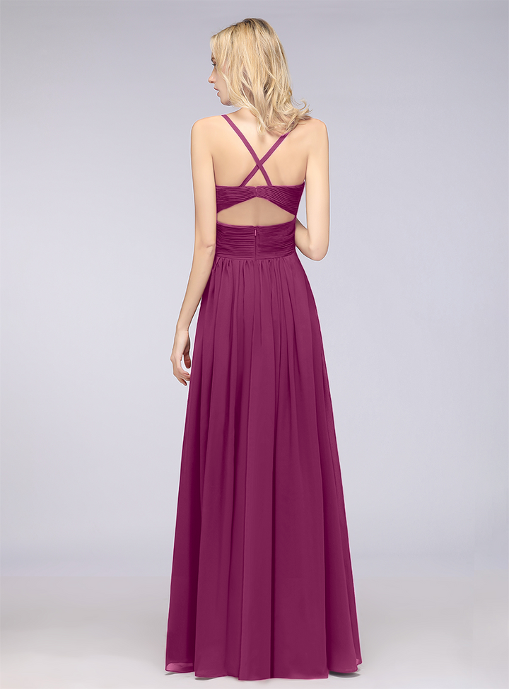 A-line V-Neck Ruched Chiffon Floor-Length Dress with Straps-koscy