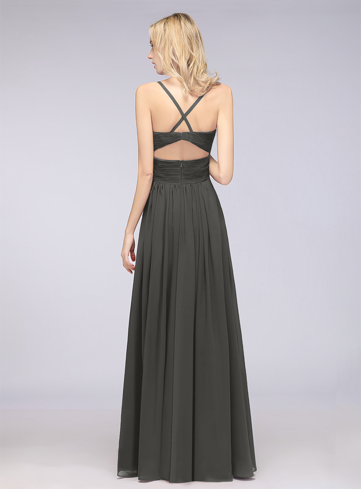 A-line V-Neck Ruched Chiffon Floor-Length Dress with Straps-koscy