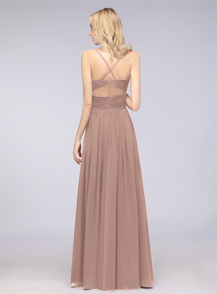 A-line V-Neck Ruched Chiffon Floor-Length Dress with Straps-koscy