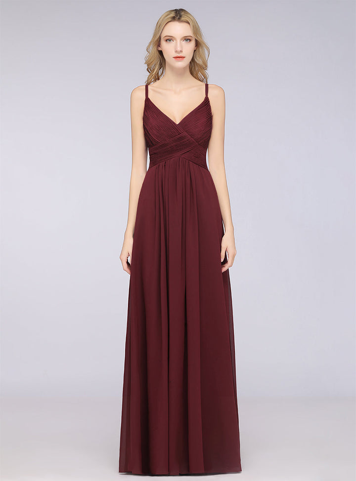 A-line V-Neck Ruched Chiffon Floor-Length Dress with Straps-koscy