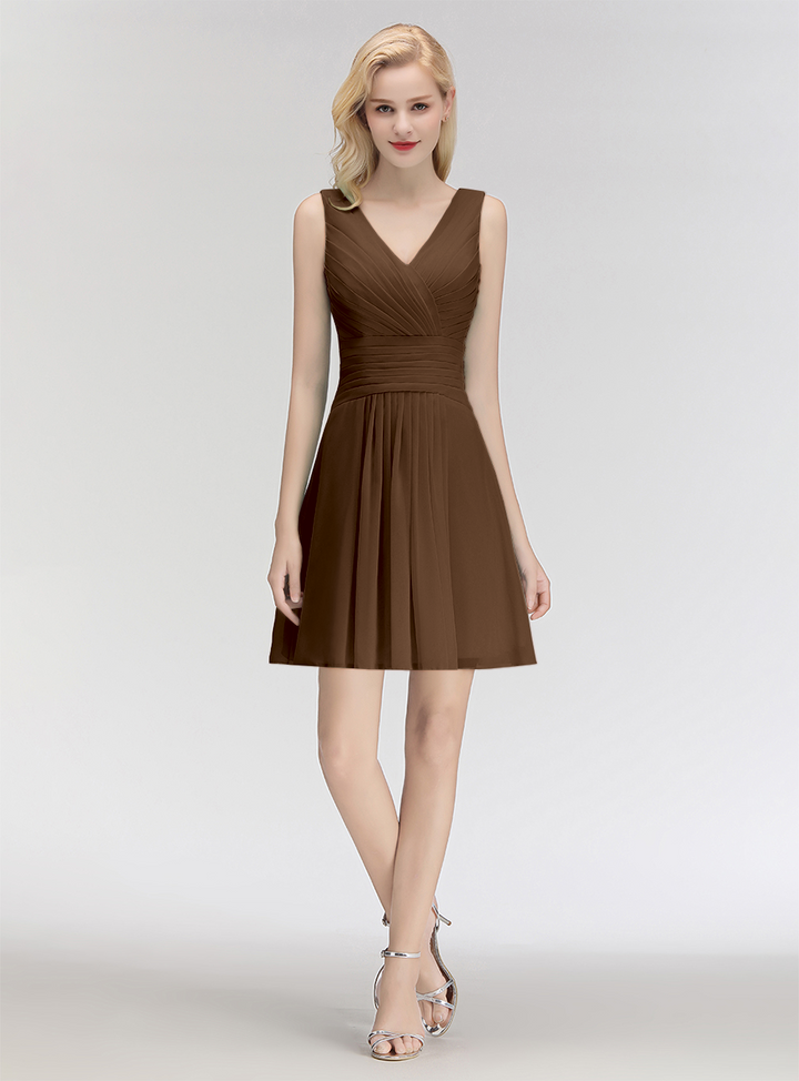 A-line V-Neck Ruched Chiffon Knee-Length Dress-koscy