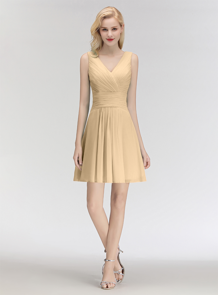 A-line V-Neck Ruched Chiffon Knee-Length Dress-koscy