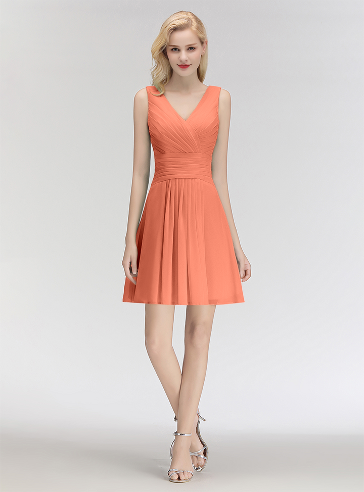 A-line V-Neck Ruched Chiffon Knee-Length Dress-koscy