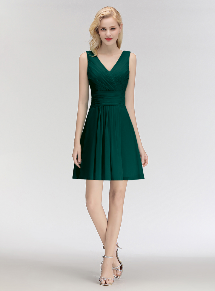 A-line V-Neck Ruched Chiffon Knee-Length Dress-koscy