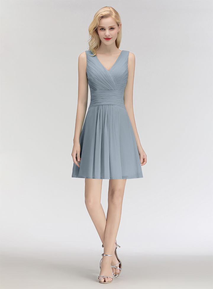 A-line V-Neck Ruched Chiffon Knee-Length Dress-koscy